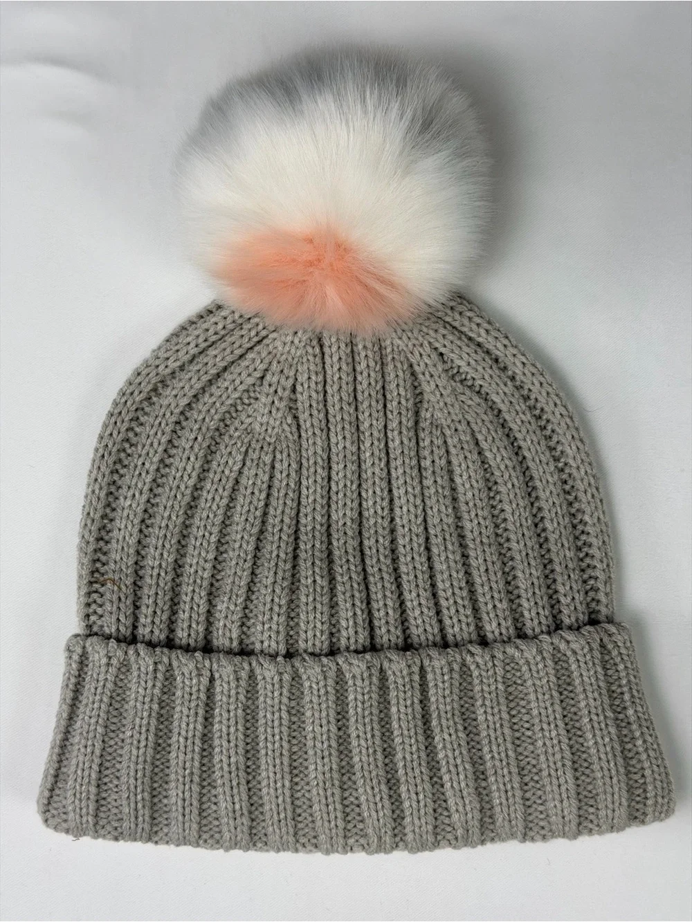 J. Crew Gray Knit Beanie with White, Gray & Peach Pompom!  NWT - warm fashion